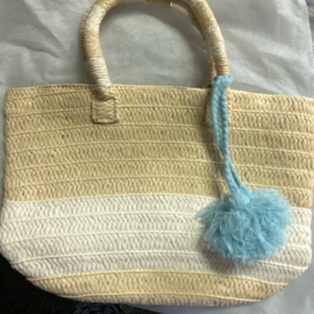 Beige and White Woven Tote Bag with Blue Accent